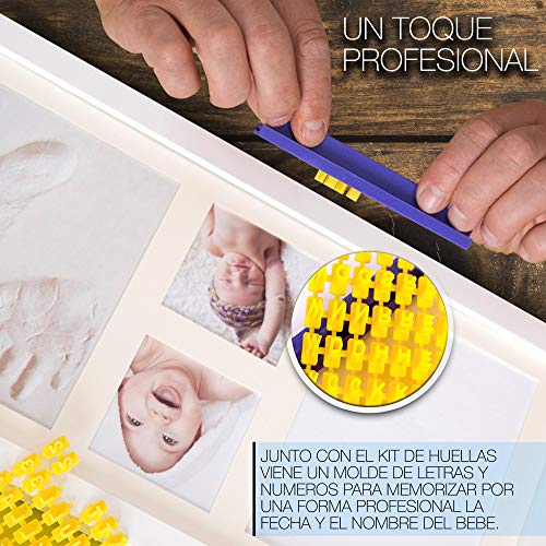 Kit de marco para huellas de bebe de Arcilla y Tinta-molde de letras y numeros con 6 tintas y pincel.Marco fotos bebe de madera y cristal acrilico.Ideal regalos y bautizo.Quickly Smile
