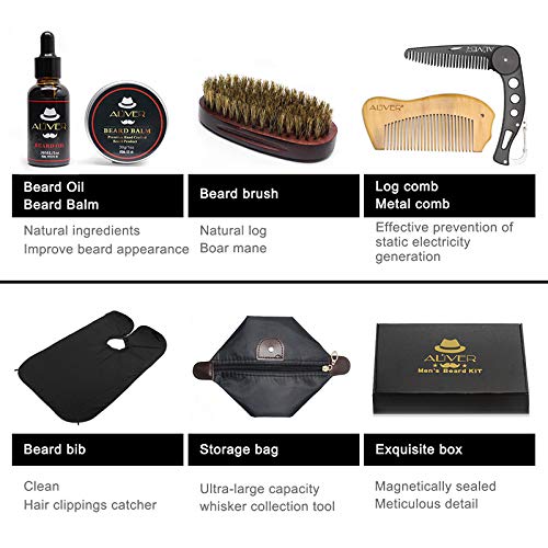 Kit de preparación de barba, 6 piezas con aceite orgánico para barba, babero, brocha, peines, bálsamo para barba para el crecimiento de estilo de barba con bolsa de almacenamiento de gran capacidad