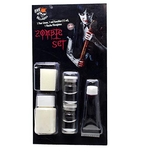 Kit de Zombi con lentillas Blancas de Contacto, Leche de látex y Sangre-Halloween Maquillaje Conjunto