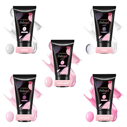 Kit Gel de Extensión de Uñas Completo-GLAMADOR Kit Poly Gel para Uñas-Práctico Kit Uñas de Gel con 5 Colores Bonitos-Seguro, Fácil de Usar,Perfecto para Manicuristas,Principiantes,DIY Uñas Arte