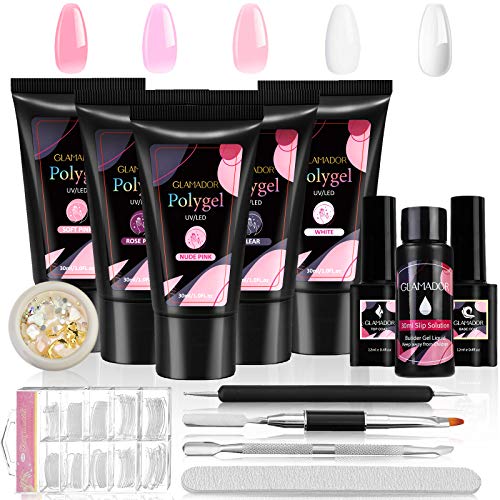 Kit Gel de Extensión de Uñas Completo-GLAMADOR Kit Poly Gel para Uñas-Práctico Kit Uñas de Gel con 5 Colores Bonitos-Seguro, Fácil de Usar,Perfecto para Manicuristas,Principiantes,DIY Uñas Arte