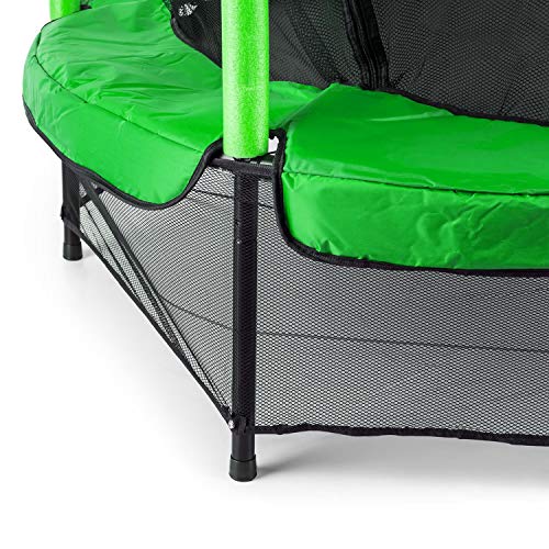 Klarfit Rocketkid cama elástica infantil (140 cm de diámetro, red de seguridad, apta para exterior o interior, peso máximo 50 kg, varillas acolchadas, gran estabilidad) - verde