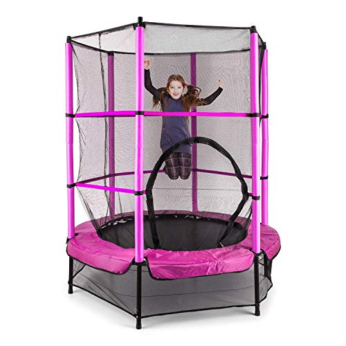 Klarfit Rocketkid - Cama eslástica, Cama elástica Infantil, A Partir de 3 años, 140 cm diámetro, Red de Seguridad, Suspensión de Cuerda elástica, Carga máxima: 50 kg, Borde Acolchado, Rosa