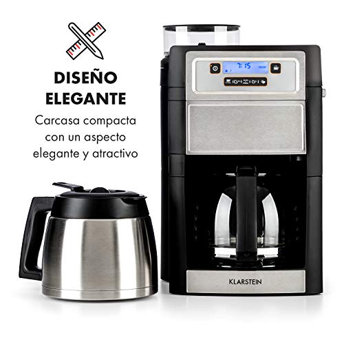 Klarstein Aromatica II Duo - Máquina de café con molinillo cónico, 5 niveles, Jarra de cristal 1,25 L, Temporizador 24h, Filtro de carbón activo, Potencia 1000 W, Antigoteo, Display LED, Plateado