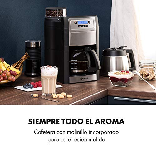 Klarstein Aromatica II Duo - Máquina de café con molinillo cónico, 5 niveles, Jarra de cristal 1,25 L, Temporizador 24h, Filtro de carbón activo, Potencia 1000 W, Antigoteo, Display LED, Plateado