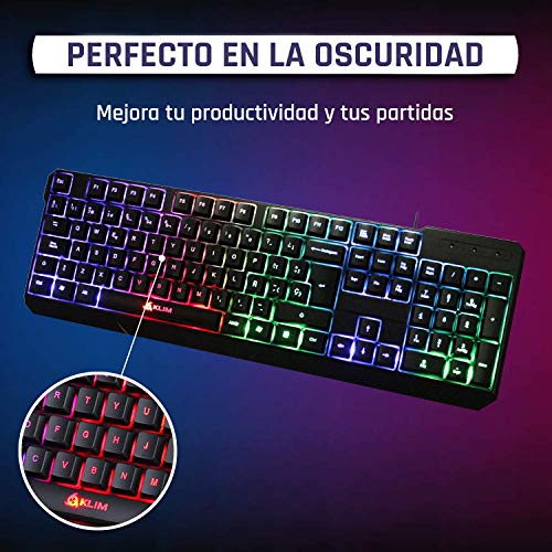KLIM™ Chroma - Teclado Gaming ESPAÑOL + Teclado USB Ligero, Duradero, Resistente al Agua, ergonómico, silencioso + Teclado Gamer con Cable para PC PS4 Xbox One Mac + Nueva VERSIÓN 2020 + Negro