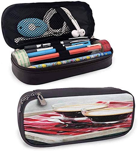 KLKLK Estuche Coffee Soft Pencil Bag Freshly Brewed Espresso Two Cups on Wooden Tray Leisure Relaxing Time in Countryside Beautiful Pattern Multicolor
