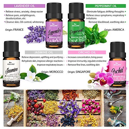 KOLLIEE Aromaterapia Aceites Esenciales Naturales Puros Organicos Aceites Esenciales Set Bio Para Humidificador Difusor Lavanda, Menta, Limón, Naranja Dulce, Jazmín, Orquídea, Romero, Eucalipto