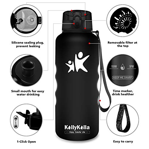 KollyKolla Botella Agua Sin BPA Deportes - 1.5L, Reutilizables Ecológica Tritan Plástico, Bebidas Botellas con Filtro & Marcador de Tiempo, para Al Aire Libre, Tapa Abatible de 1 Clic, Negro Mate