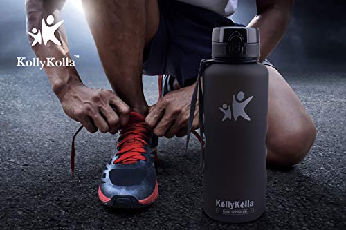 KollyKolla Botella Agua Sin BPA Deportes - 1.5L, Reutilizables Ecológica Tritan Plástico, Bebidas Botellas con Filtro & Marcador de Tiempo, para Al Aire Libre, Tapa Abatible de 1 Clic, Negro Mate