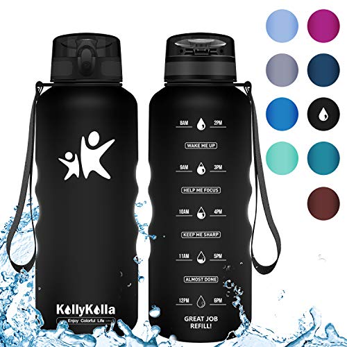KollyKolla Botella Agua Sin BPA Deportes - 1.5L, Reutilizables Ecológica Tritan Plástico, Bebidas Botellas con Filtro & Marcador de Tiempo, para Al Aire Libre, Tapa Abatible de 1 Clic, Negro Mate