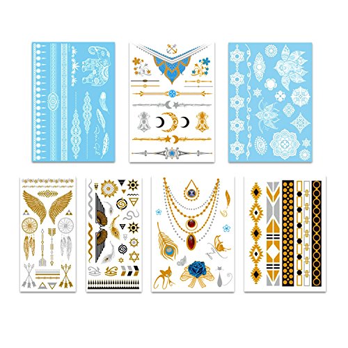 Konsait tatuajes temporales metálico destello temporal joyería tatuajes Flash Tatuajes temporär Tattoo cuerpo pegatinas tatuajes temporales Impermeablepara adultos mujer niñas(14 hojas)