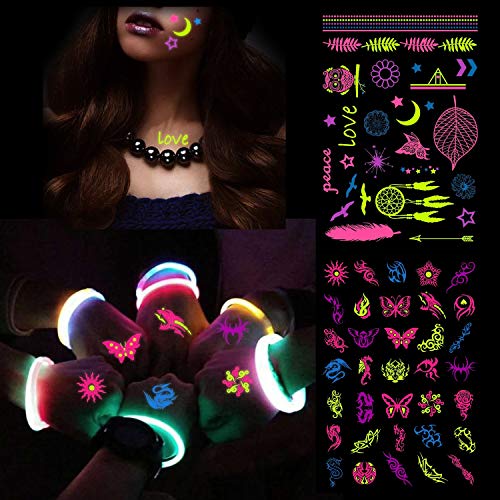 Konsait Tatuajes temporales para adultos Mujer hombres (9 hojas), impermeable Tatuaje Temporal UV Luz Negra Fosforescente maquillaje Corporal Tatuajes Brazo Cuello
