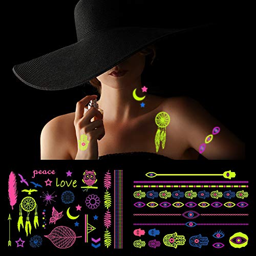 Konsait Tatuajes temporales para adultos Mujer hombres (9 hojas), impermeable Tatuaje Temporal UV Luz Negra Fosforescente maquillaje Corporal Tatuajes Brazo Cuello
