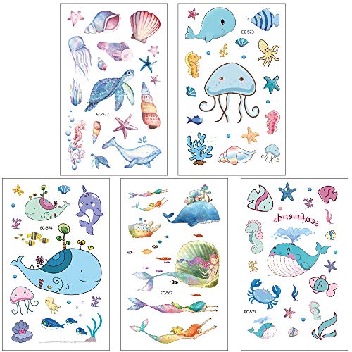 Konsait Tatuajes Temporales para Niños Niñas, Mar Mundo Delfines Ballena Sirena Tatuajes Infantiles Tatoos Pegatinas para piñata Niños Infantiles Fiesta de Cumpleaños Regalo, 15 Hojas