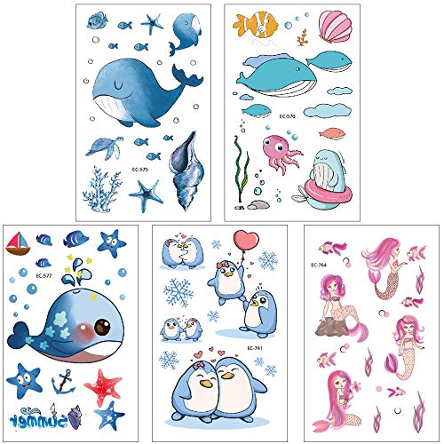Konsait Tatuajes Temporales para Niños Niñas, Mar Mundo Delfines Ballena Sirena Tatuajes Infantiles Tatoos Pegatinas para piñata Niños Infantiles Fiesta de Cumpleaños Regalo, 15 Hojas