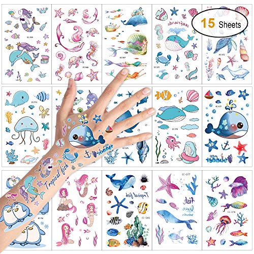 Konsait Tatuajes Temporales para Niños Niñas, Mar Mundo Delfines Ballena Sirena Tatuajes Infantiles Tatoos Pegatinas para piñata Niños Infantiles Fiesta de Cumpleaños Regalo, 15 Hojas