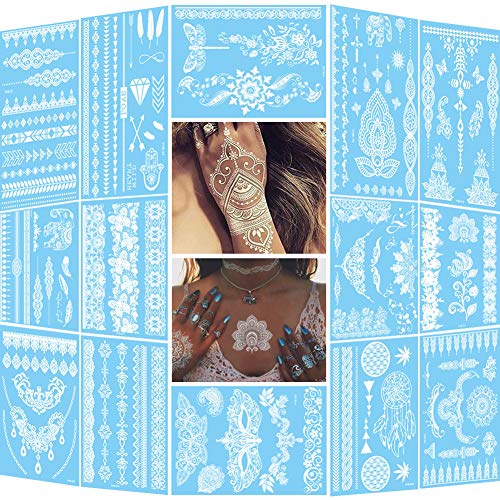 KOOSUFA Tatuajes temporales, resistentes al agua, metalizados, tatuajes adhesivos, 12 hojas, tatuajes falsos en oro, plata con más de 100 diseños para mujeres, chicas, body Art