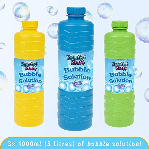 KreativeKraft Liquido Pompas de Jabon, Pack de 3 Botellas para Hacer Burbujas de Jabon Niños, Apto para Maquina Pompas Jabon o Pistolas de Burbujas, Regalos para Juegos al Aire Libre