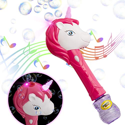 KreativeKraft Maquina Pompas de Jabon, Pomperos para Niños de Unicornio, Maquina de Burbujas con Musica y Luces, Juegos de Jardin para Niños, Regalos para Niños y Niñas Edad 3+