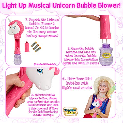 KreativeKraft Maquina Pompas de Jabon, Pomperos para Niños de Unicornio, Maquina de Burbujas con Musica y Luces, Juegos de Jardin para Niños, Regalos para Niños y Niñas Edad 3+