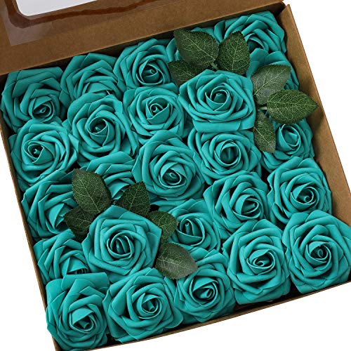 Ksnnrsng Flores Rosas Artificiales Espuma Rosa Falsa para Manualidades, Ramos de Novia, centros de Mesa, Despedidas de Soltera y Decoración del Hogar (25 Piezas, Verde Oscuro)