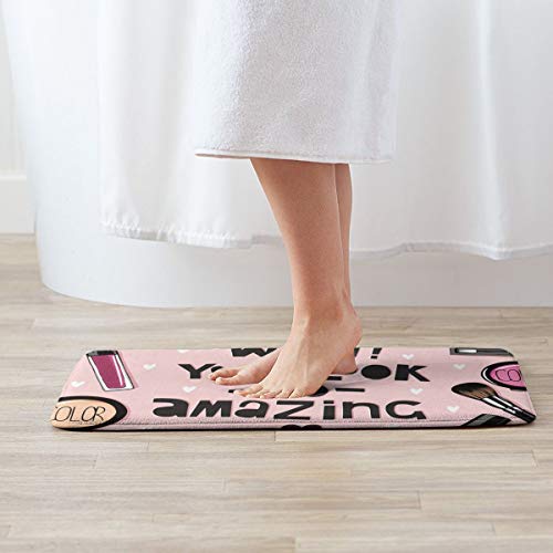 kThrones Alfombra de baño Antideslizante,Care Pink Lipstick Cosmetics Esmalte de uñas Set Acuarela Polvo Soplo Sombra de Ojos,Alfombra de Ducha(75cmx45cm)