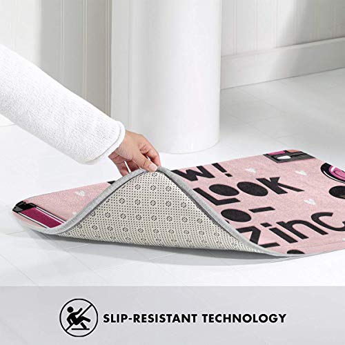 kThrones Alfombra de baño Antideslizante,Care Pink Lipstick Cosmetics Esmalte de uñas Set Acuarela Polvo Soplo Sombra de Ojos,Alfombra de Ducha(75cmx45cm)
