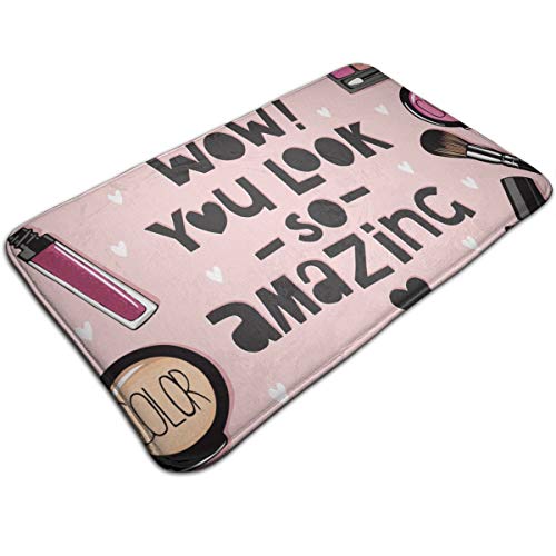 kThrones Alfombra de baño Antideslizante,Care Pink Lipstick Cosmetics Esmalte de uñas Set Acuarela Polvo Soplo Sombra de Ojos,Alfombra de Ducha(75cmx45cm)