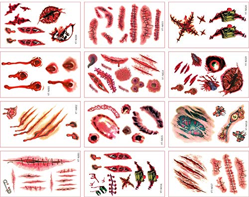 kungfu Mall Tatuajes temporales 24 Piezas Halloween Zombie Scars Heridas Tatuajes Pegatinas con Falsa costra Sangre Traje Especial Accesorios de Maquillaje