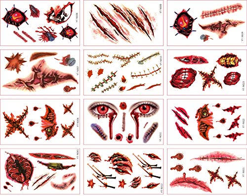kungfu Mall Tatuajes temporales 24 Piezas Halloween Zombie Scars Heridas Tatuajes Pegatinas con Falsa costra Sangre Traje Especial Accesorios de Maquillaje