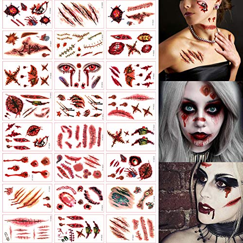 kungfu Mall Tatuajes temporales 24 Piezas Halloween Zombie Scars Heridas Tatuajes Pegatinas con Falsa costra Sangre Traje Especial Accesorios de Maquillaje