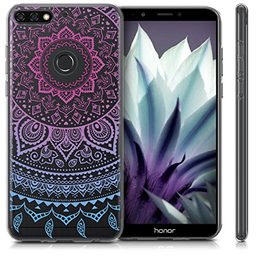 kwmobile Funda Compatible con Huawei Honor 7C / Enjoy 8 - Carcasa de TPU y Sol hindú en Azul/Rosa Fucsia/Transparente