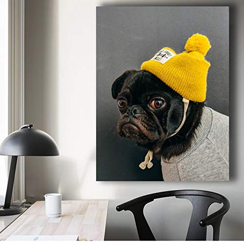 KWzEQ Cool Bulldog Negro Sombrero Amarillo póster Impreso en Lienzo habitación Infantil decoración del hogar,Pintura sin Marco,60X80cm