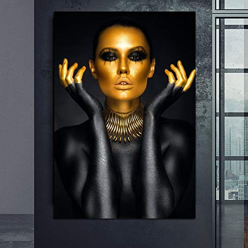 KWzEQ Cuadro de Arte Decorativo de Pared de Pintura de Mujer de Oro Negro sobre Lienzo póster decoración de habitación Impresiones Modernas,Pintura sin Marco,80X120cm