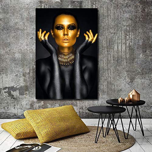 KWzEQ Cuadro de Arte Decorativo de Pared de Pintura de Mujer de Oro Negro sobre Lienzo póster decoración de habitación Impresiones Modernas,Pintura sin Marco,80X120cm