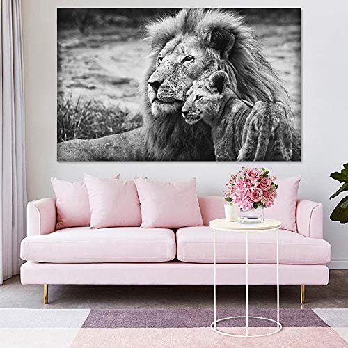 KWzEQ Cuadro En Lienzo León de Animal Salvaje Blanco y Negro para Obra de Arte en Cartel decoración del hogar Sala de Estar,60x90cm,Pintura sin Marco
