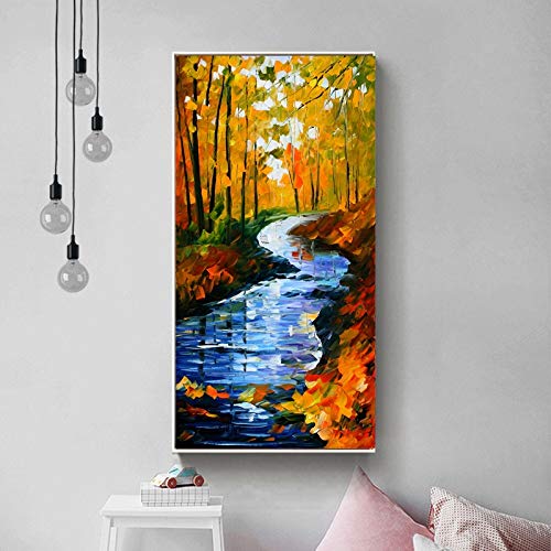 KWzEQ Hojas de otoño Paisaje de río Pintura en Lienzo Carteles e Impresiones en Color Arte de Pared para Sala de Estar decoración del hogar,60X120cm,Pintura sin Marco