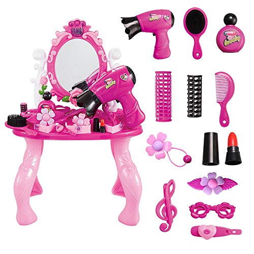 KYEEY Tocadores para niños La Casita de Juguete niña Princesa Dresser Conjunto de Juguete luz de la Tabla del Maquillaje Juegos de Mesa y Silla para niños (Color : Pink, Size : 32x18x47cm)