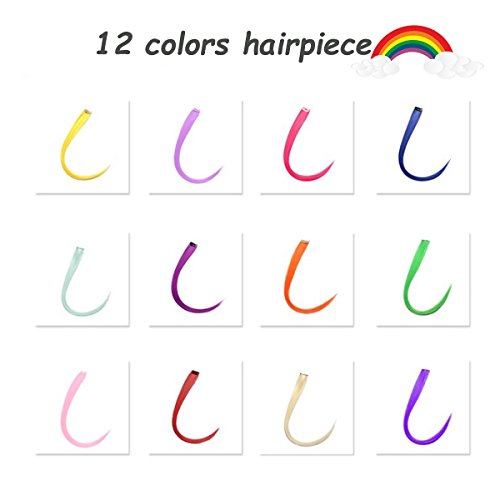 Kyerivs Extensiones de Pelo con Clip Destacadas de Fiesta Coloridas, 50 cm, resistente al calor, recto, extensiones de cabello cospaly, fiesta de moda, para niños y niñas, 12 colores en 24 piezas