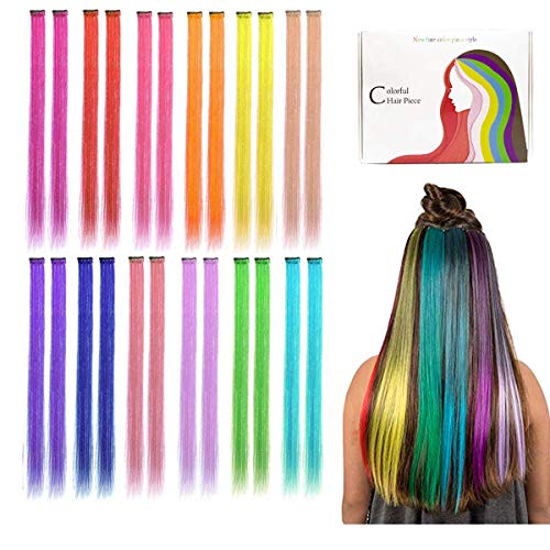 Kyerivs Extensiones de Pelo con Clip Destacadas de Fiesta Coloridas, 50 cm, resistente al calor, recto, extensiones de cabello cospaly, fiesta de moda, para niños y niñas, 12 colores en 24 piezas