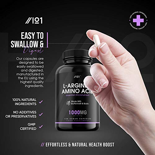 L-Arginina con BioPerine® & Cápsulas de Biotina - 1000 mg - Aminoácidos Potentes - Sin OMG, Sin gluten, 120 Cápsulas Veganas (1 paquete) (1 paquete)