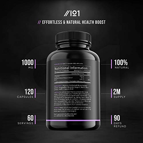 L-Arginina con BioPerine® & Cápsulas de Biotina - 1000 mg - Aminoácidos Potentes - Sin OMG, Sin gluten, 120 Cápsulas Veganas (1 paquete) (1 paquete)