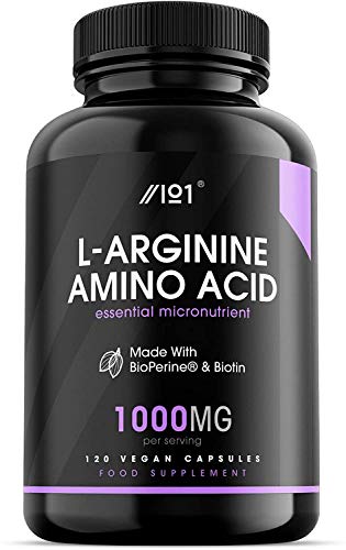 L-Arginina con BioPerine® & Cápsulas de Biotina - 1000 mg - Aminoácidos Potentes - Sin OMG, Sin gluten, 120 Cápsulas Veganas (1 paquete) (1 paquete)