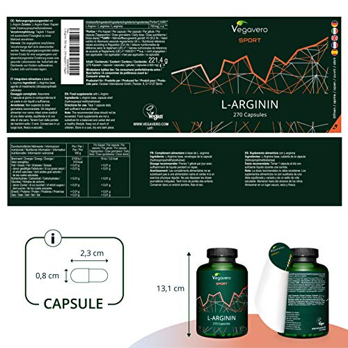 L-Arginina PURA 99.7% Vegavero® Sport | TESTADO EN LABORATORIO | SIN ADITIVOS | 270 Cápsulas | Vasodilatador + Vigorizante + Aumentar Masa Muscular + Disfunción | 700 mg | Pre Entrenos Potentes
