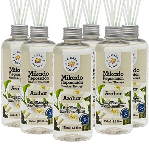 La Casa de los Aromas, Set de 6 x 250ml Ambientadores Mikado Azahar para Reposición con Varillas, Difusor Líquido de Aroma Azahar, Perfume Duradero para el Hogar, Baño, Casa - 6x250 ml