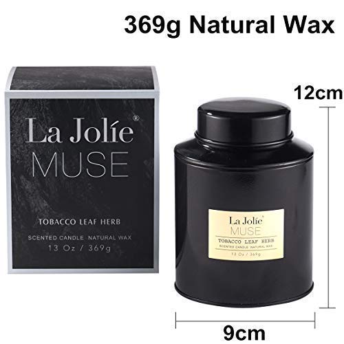 La Jolíe Muse Vela perfumada de Hojas de hiedras de Tabaco Grande 85-100 Horas 369 g, Cera de Soja Natural, Lata de Metal Negra  