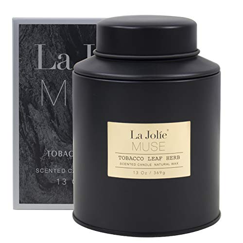 La Jolíe Muse Vela perfumada de Hojas de hiedras de Tabaco Grande 85-100 Horas 369 g, Cera de Soja Natural, Lata de Metal Negra  