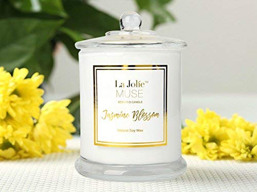 La Jolíe Muse Vela perfumada Jazmín 100% Cera de Soja Aromaterapia Vela en el Cristal Caja de Regalo 50-65h