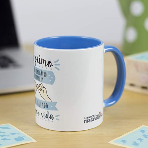 La mente es Maravillosa - Taza con Frase y Dibujo Divertido (Un Primo es un compañero de Infancia y un aliado de por Vida) Taza Regalo Primo